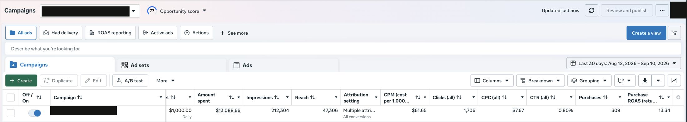 Ads Manager campaign row, August 12 to September 10, 2026, account and campaign names redacted